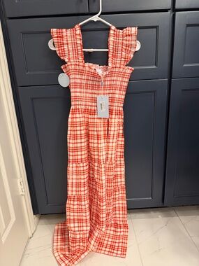 Hill House Coral and White Plaid Ruffle Strap Dress